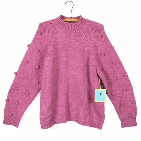 CeCe Light Pink Pompom Sleeve Mock Neck Sweater L - Picture 2 of 10